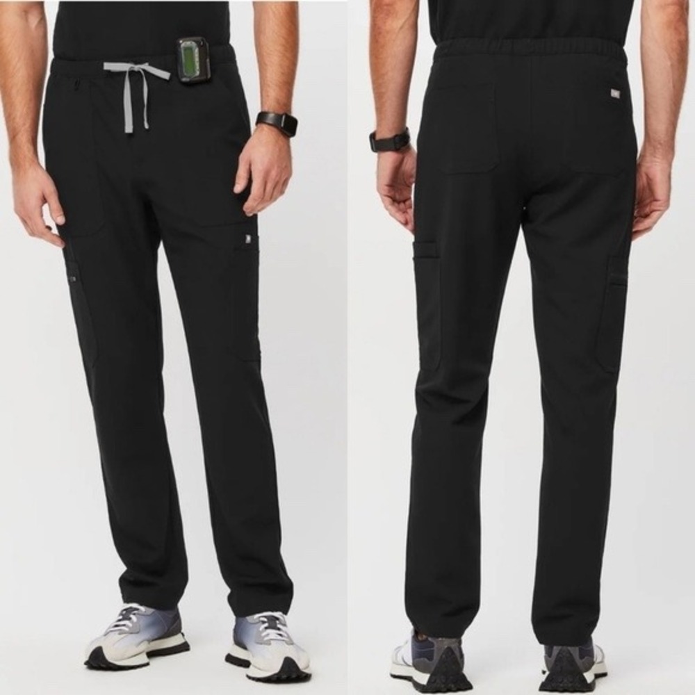 FIGS Axim Cargo Scrub Pants Mens Small Black FIONx Multi-Pocket Drawstring